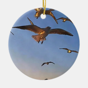 Seagulls In Flight Black Outline Art Ceramic Tree Decoration