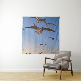 Seagulls In Flight Black Outline Art Tapestry