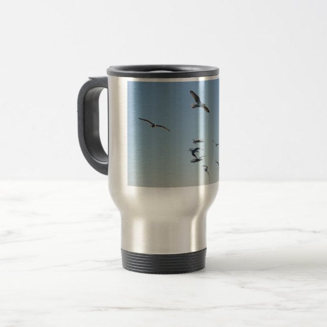 Seagulls In Flight Ocean Breeze Coastal Blue Sky Travel Mug (Front Left)