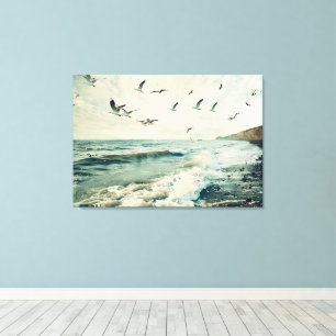 Seagulls In Flight Over Ocean Canvas Print