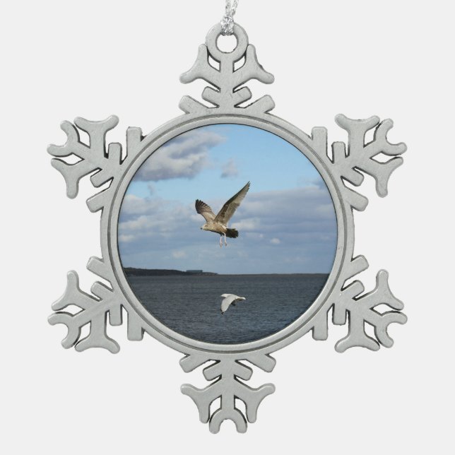 Seagulls in Flight Snowflake Pewter Christmas Ornament (Front)