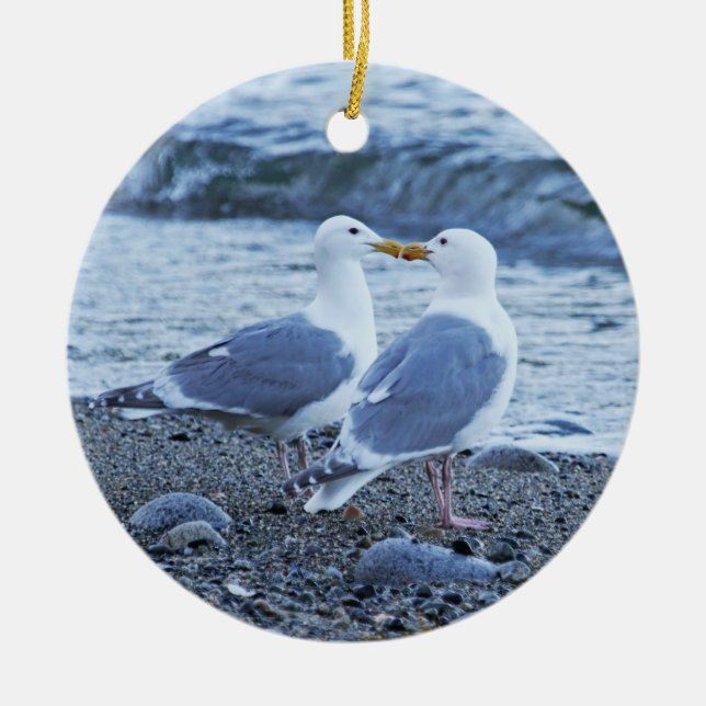 Seagulls Kissing on the Beach Photo Ceramic Tree Decoration (Front)