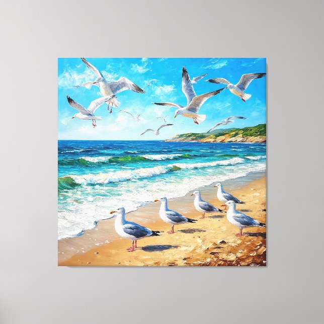 Seagulls on a Shoreline with Ocean Waves Canvas Print (Front)