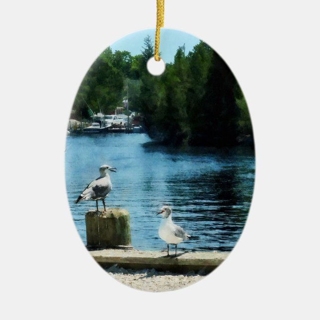 Seagulls on Pier Ceramic Tree Decoration (Front)