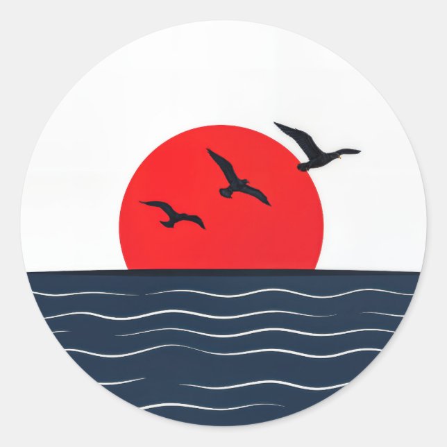 Seagulls on Red Sun with Ocean Classic Round Sticker (Front)
