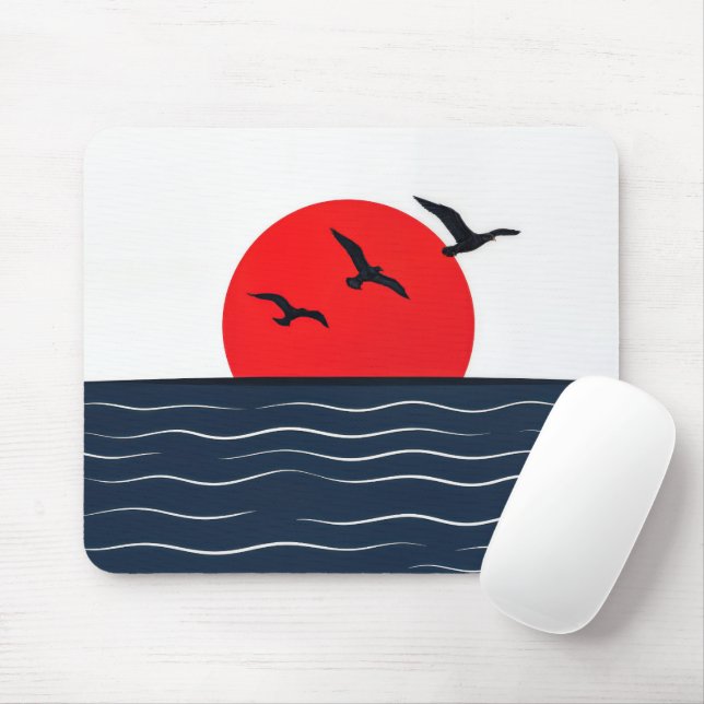 Seagulls on Red Sun with Ocean Mouse Pad (With Mouse)