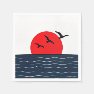 Seagulls on Red Sun with Ocean Napkin