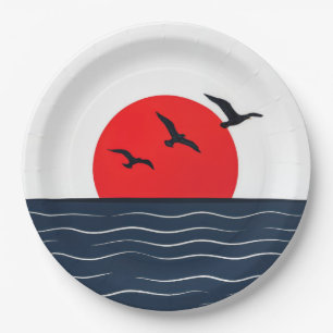 Seagulls on Red Sun with Ocean Paper Plate