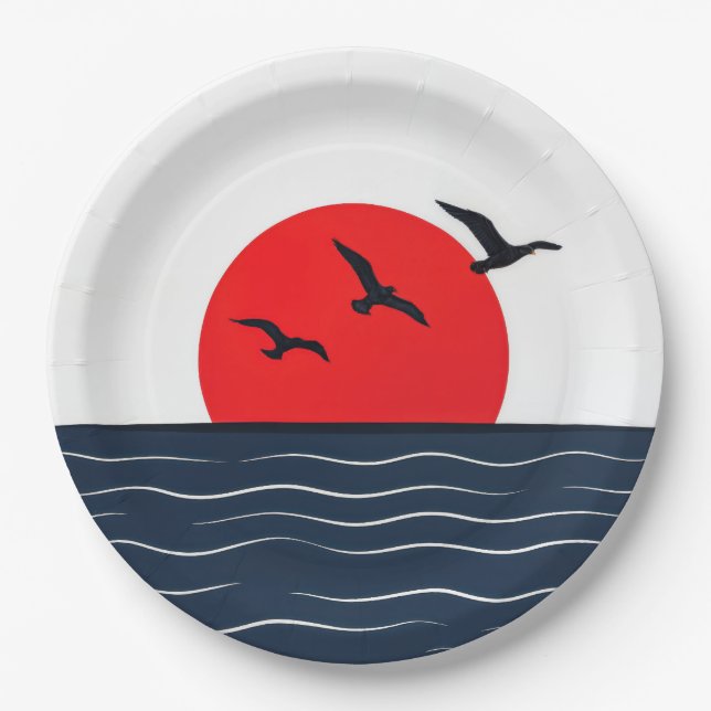 Seagulls on Red Sun with Ocean Paper Plate (Front)