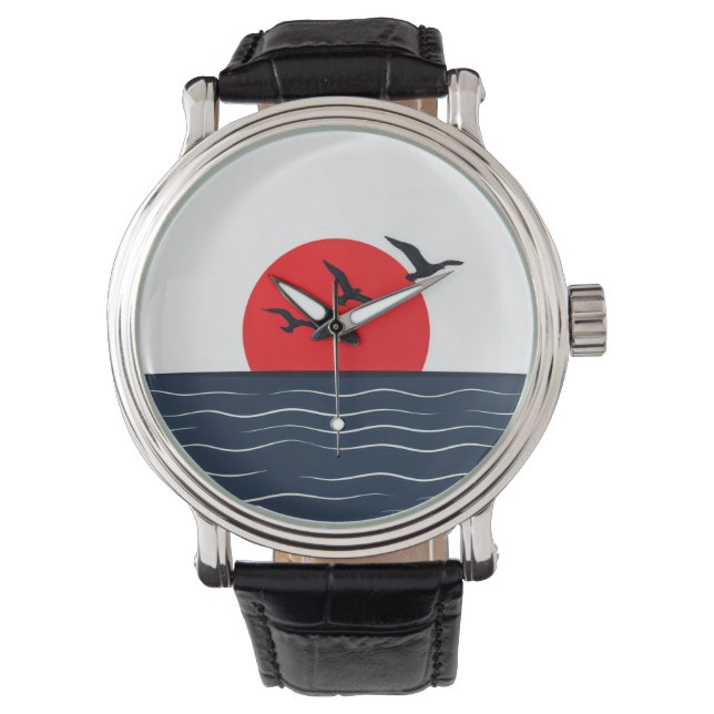 Seagulls on Red Sun with Ocean Watch (Front)