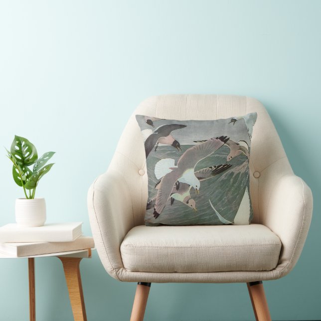 Seagulls Over Ocean Waves by Louis Agassiz Fuertes Cushion