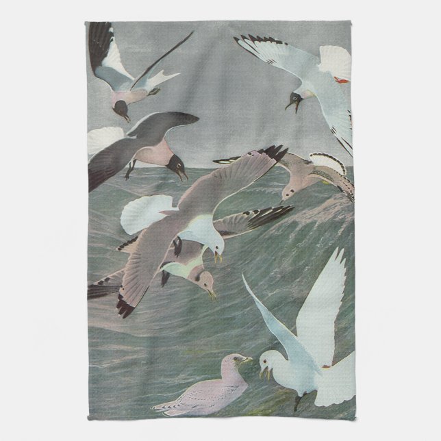 Seagulls Over Ocean Waves by Louis Agassiz Fuertes Tea Towel (Vertical)