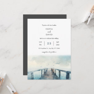 Seagulls Over Rustic Pier Watercolor Beach Wedding Invitation