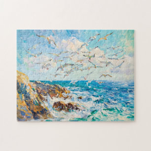 Seagulls Over Waves Impressionist Ocean Scene Jigsaw Puzzle