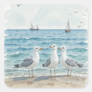 Seagulls Seaside Ocean Beach Bird Animal Art Square Sticker