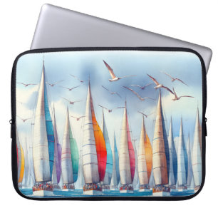 Seagulls Soaring With a Sailboat Regatta Laptop Sleeve