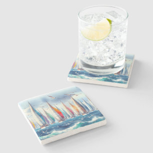 Seagulls Soaring With a Sailboat Regatta Stone Coaster