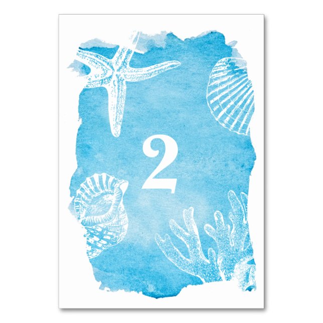 Seahells on Watercolor Wedding Table Number (Front)