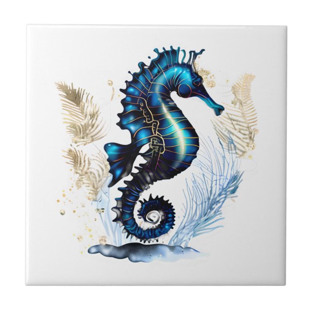 Seahorse 3D blue brown white beach marine aquatic Tile (Front)