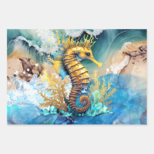 Seahorse 3D blue gold beach sandy sea ocean waves Wrapping Paper Sheet