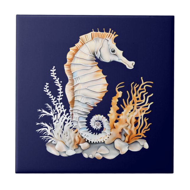 Seahorse 3D blue orange white aquatic marine beach Tile (Front)