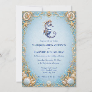 Seahorse anchor beach theme shell wedding invitation