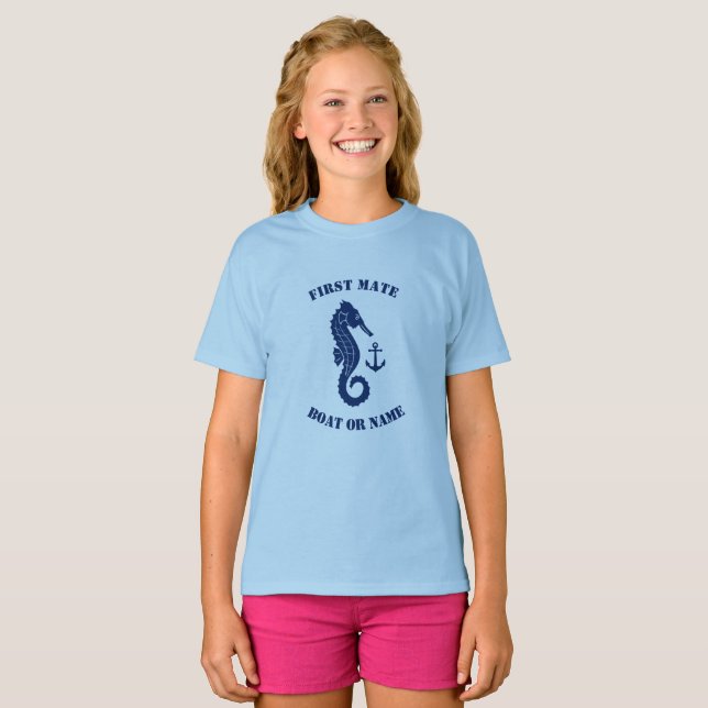 Seahorse Anchor First Mate Boat or Name Navy Blue T-Shirt (Front Full)