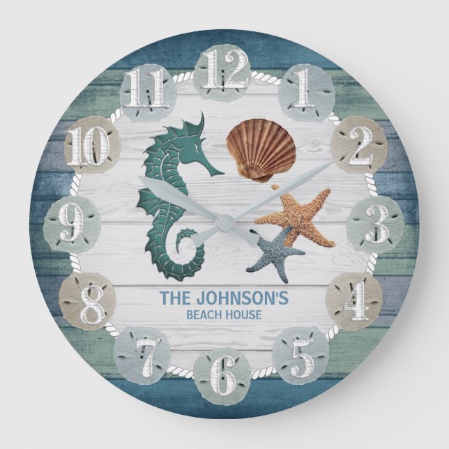 Seahorse and Beach Wood Nautical - Dark Blue Teal Large Clock (Front)
