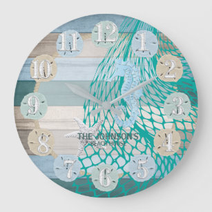 Seahorse and Sand Dollar Beach Wood- Blue Teal Large Clock