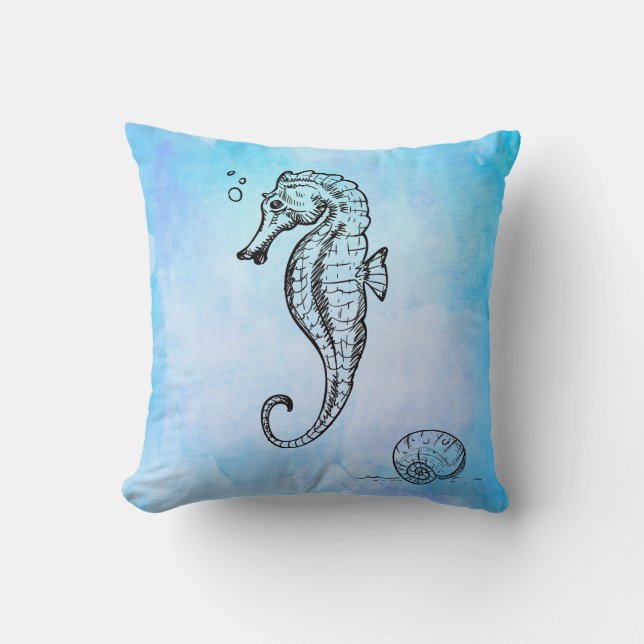 Seahorse and Seashell on Blue Watercolor Cushion (Front)