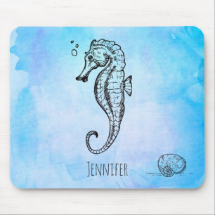 Seahorse and Seashell on Blue Watercolor Custom Mouse Pad