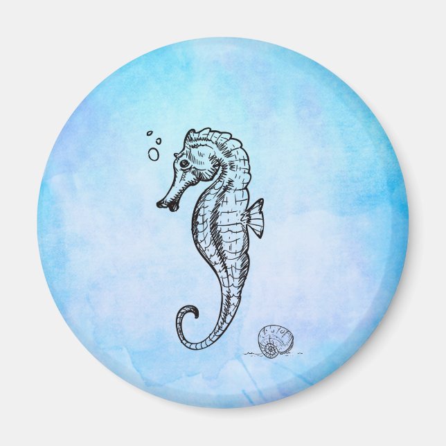 Seahorse and Seashell on Blue Watercolor Magnet (Front)
