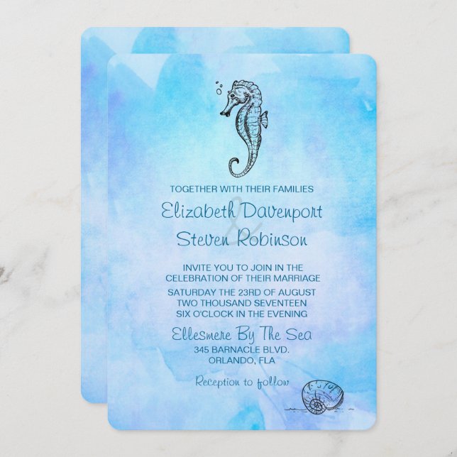 Seahorse and Seashell on Blue Watercolor Wedding Invitation (Front/Back)