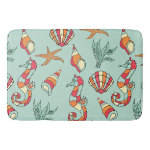 Seahorse and Seashell Pattern Teal Bath Mat