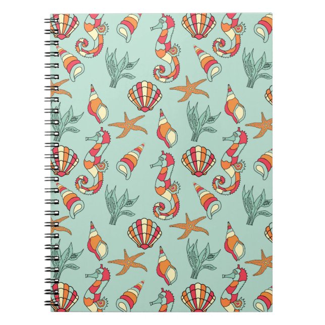 Seahorse and Seashell Pattern Teal Notebook (Front)