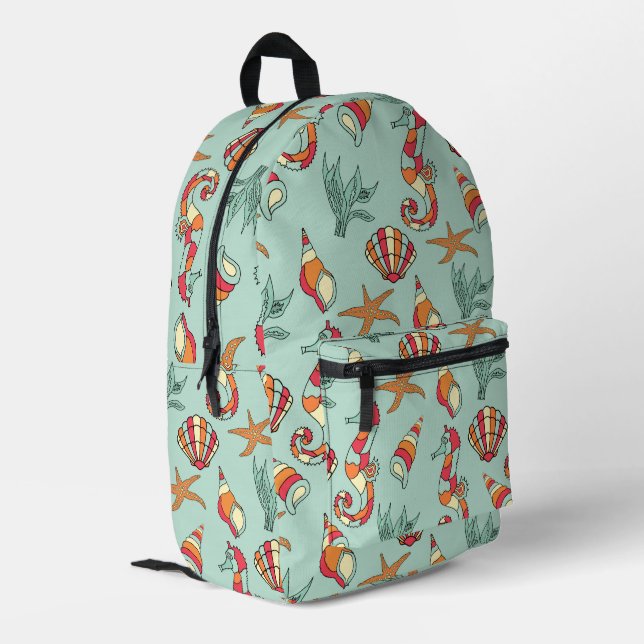 Seahorse and Seashell Pattern Teal Printed Backpack (Back Corner Left)