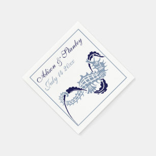 Seahorse and seaweed dusty and navy blue wedding napkin