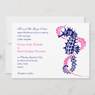 Seahorse and seaweed navy blue, hot pink wedding invitation