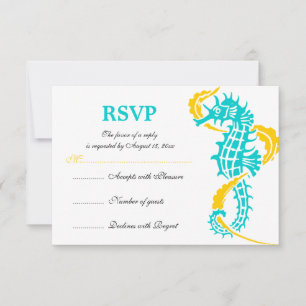Seahorse and seaweed turquoise yellow wedding RSVP