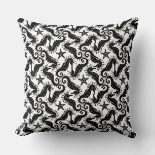 Seahorse and Starfish - Black and White Pattern Cushion