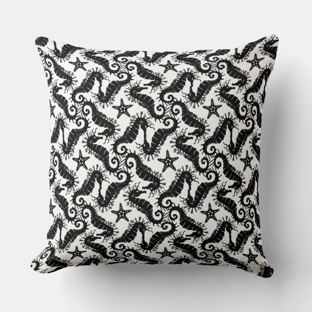 Seahorse and Starfish - Black and White Pattern Cushion (Front)