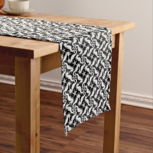 Seahorse and Starfish - Black and White Pattern Long Table Runner