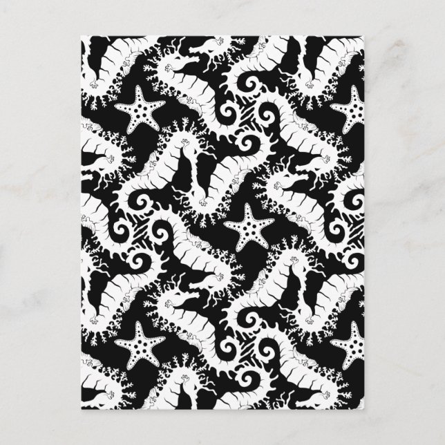 Seahorse and Starfish - Black and White Pattern Postcard (Front)