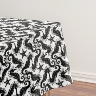 Seahorse and Starfish - Black and White Pattern Tablecloth