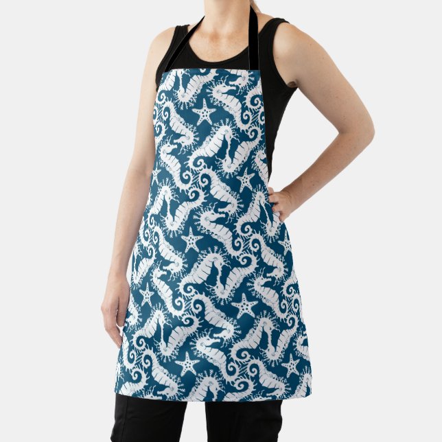 Seahorse and Starfish - Blue Sealife Pattern Apron (Insitu)