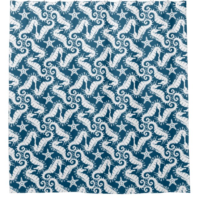 Seahorse and Starfish - Blue Sealife Pattern Shower Curtain (Front)