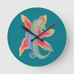 seahorse and starfish clock on teal
