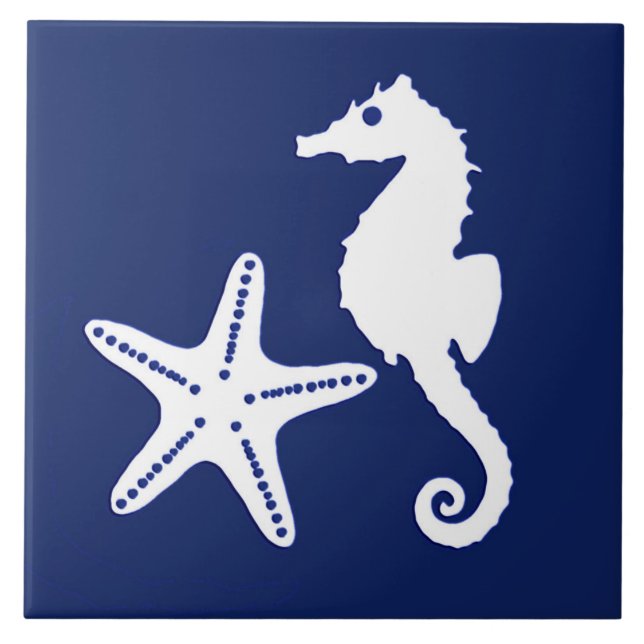 Seahorse and starfish - navy blue and white tile (Front)