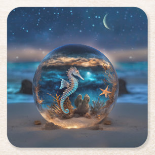 Seahorse and Starfish on the Beach Fantasy Square Paper Coaster