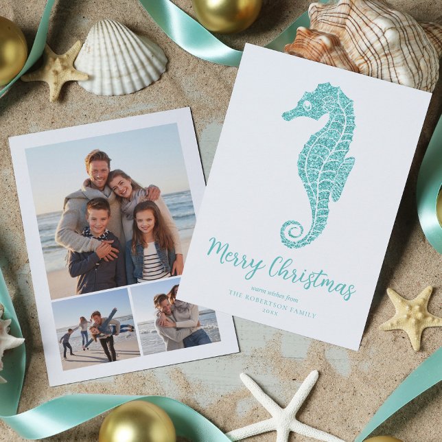 Seahorse Aqua Blue Glitter Beach Christmas 3 Photo Holiday Card (Creator Uploaded)